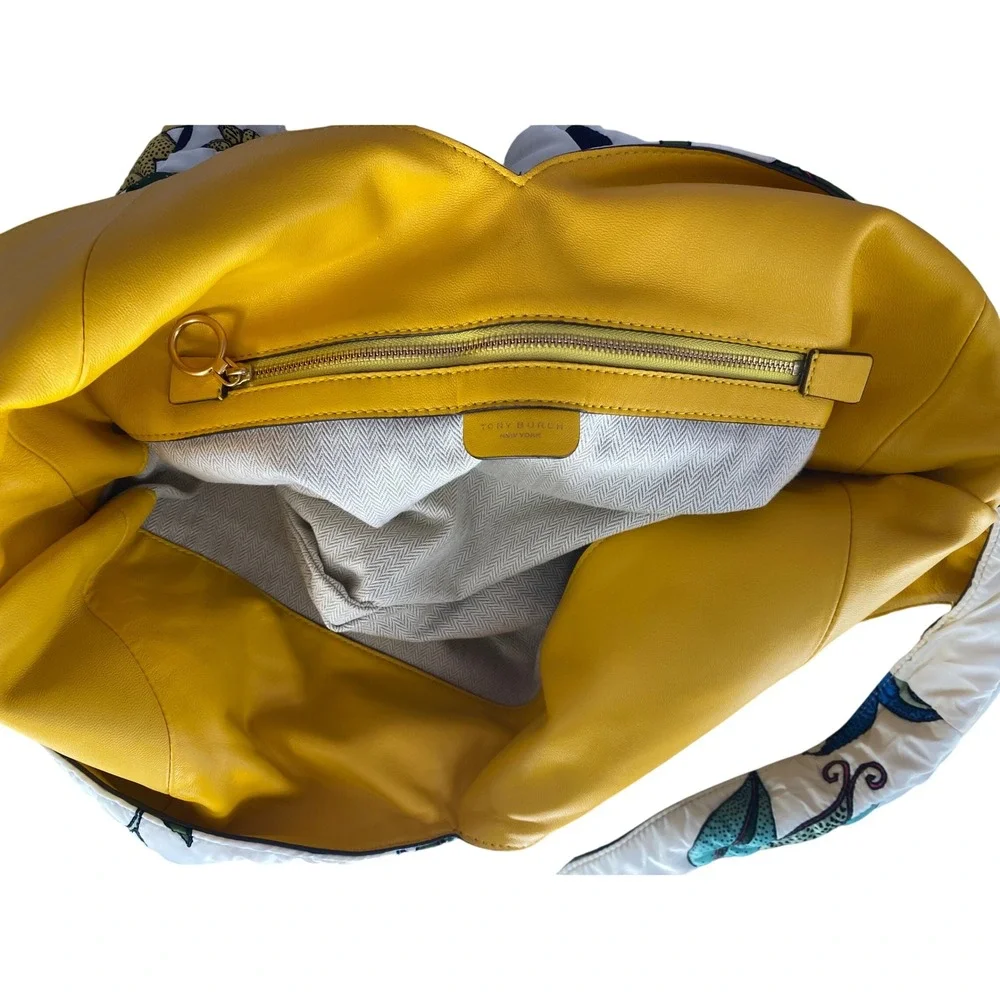 Tory Burch Zoe Tie Bag Floral Quilted Padded Hobo Shoulder Bag Yellow White